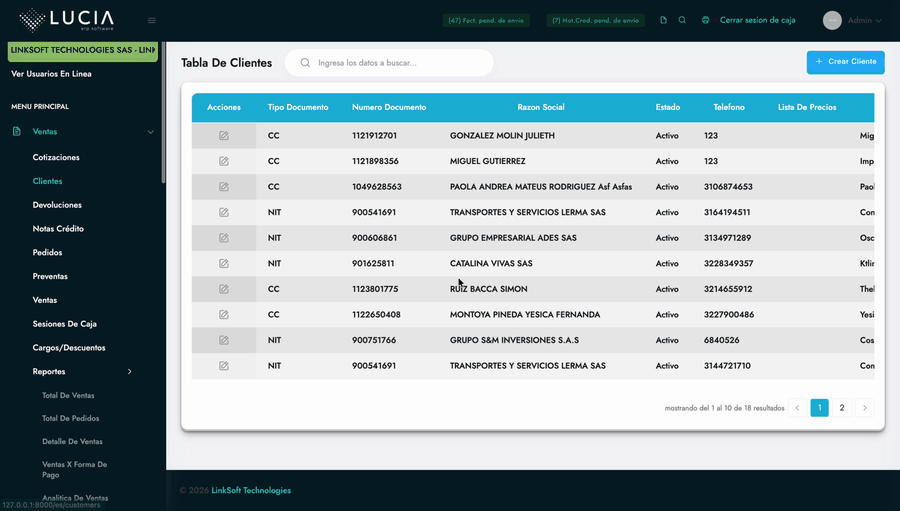 Vista General de la Tabla de Clientes